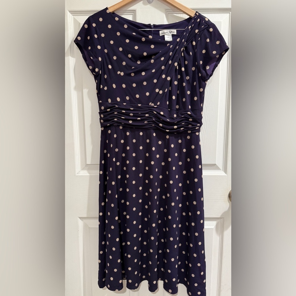 Laura Jeffries Purple and Cream Polka Dot Midi Dress 50s 60s Ruched Swifties